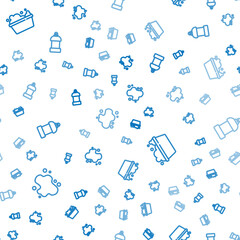 Set line Water spill, Basin with soap suds and Bottle for cleaning agent on seamless pattern. Vector