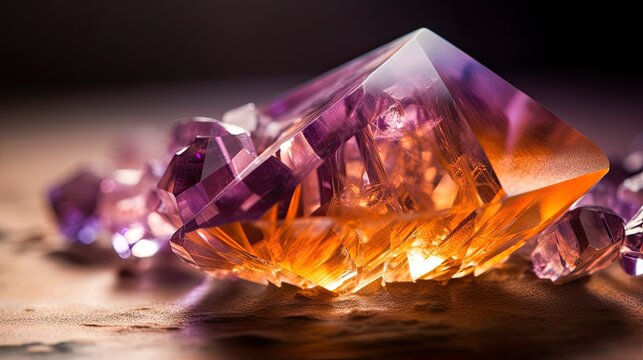 Macro shot of a bright and shiny sparkling ametrine mineral. blurred background. Generative ai