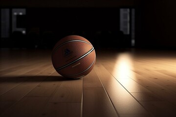 Illuminated basketball rests on hardwood flooring in vacant space. Generative AI