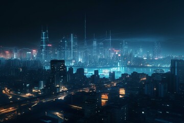 Evening view of futuristic metropolis with glowing green and blue neon lights. Generative AI