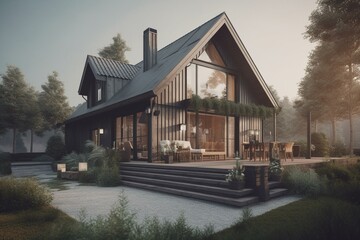 Stylish family cottage, beautifully designed with modern features. 3D rendering. Generative AI