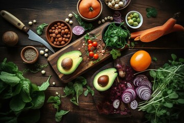 Healthy vegetarian ingredients and tools for cooking. Clean, zero waste concept. Top view with copy space. Vegan diet. Wooden table. Generative AI