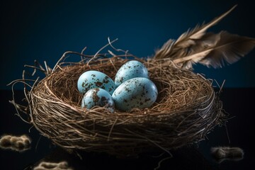 Nest with eggs, feathers on blue. Generative AI