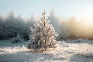 Obraz na płótnie Canvas A stunning winter scene with sunlight, sparkling snow, and a proud Christmas tree among frosty flakes. Generative AI