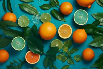Fototapeta na wymiar Fresh, succulent citrus fruits with foliage on vibrant blue surface. Overhead perspective, level position. Generative AI