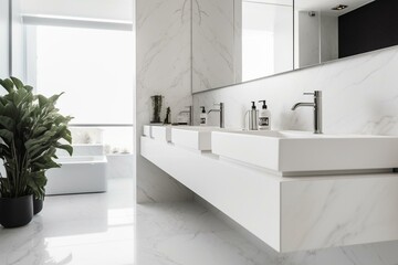 Double sink on panoramic white marble bathroom. Generative AI