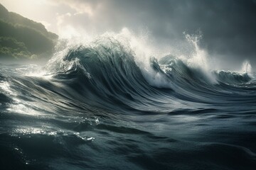 Ocean waves, catastrophe, apocalypse, tsunami, storm, light rays, surfing, 3D. Generative AI