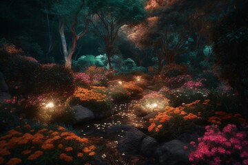 Vivid nocturnal forest with colorful blooms. Generative AI