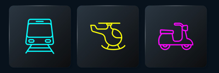 Set line Train and railway, Scooter and Helicopter. Black square button. Vector © Vadim