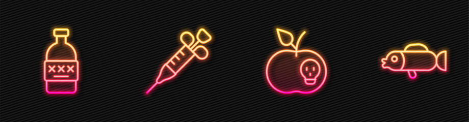 Set line Poison apple, Poisoned alcohol, Syringe and Puffer fish. Glowing neon icon. Vector