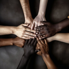 A multiracial group with black African American Caucasian and Asian hands in a circle. Created with Generative AI. 