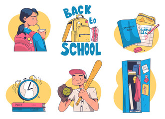 Back to school icons. Stickers with supplies and schoolchildren. Student boy playing baseball. Textbooks, learning, knowledge and education. Cartoon flat vector set isolated on white background