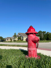 red fire hydrant on the street with green grasses, blue sky and beautiful houses in the landscape