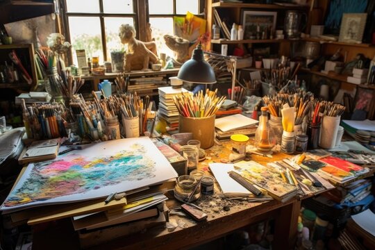 Cluttered creative business desk with stacks of sketchbooks, colorful pens, and scattered art supplies, reflecting a vibrant and imaginative workspace - Generative AI