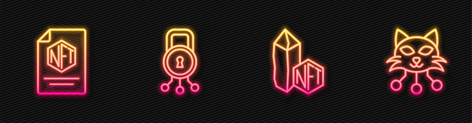 Set line NFT Digital crypto art, contract, Cyber security and . Glowing neon icon. Vector
