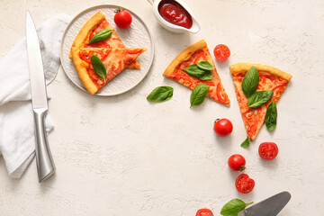 Plate with tasty pizza margarita and tomato sauce on light textured background