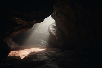 A dark cave opening up to a bright sunlight entrance. Generative AI