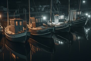 Vintage fishing boats on river at night. Generative AI