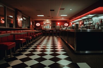 Retro diner with a red and black checkered floor. Generative AI