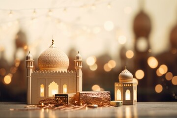 Muslim festive background with mosque, crescent, gift box, and lanterns. Perfect for Ramadan and Eid. Generative AI