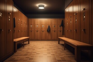 3D rendered locker room with wooden cubicles, benches, and hangers. Generative AI - obrazy, fototapety, plakaty