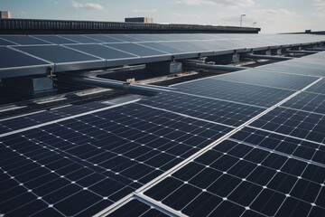 A collection of solar panels placed on a rooftop to generate energy. Generative AI