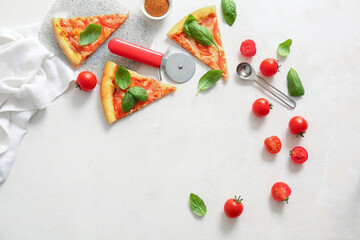 Board with tasty pizza margarita on white background