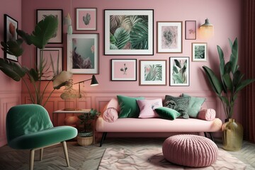Mock-up poster gallery wall with pink frames in a colorful room filled with furniture and plants. 3D rendering. Generative AI