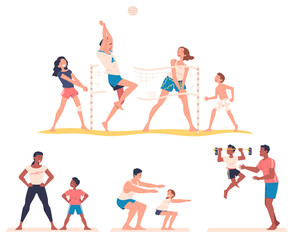 Family do sports. Mom, dad and children spend time together. Parents play volleyball and do exercises with kids. Physical education, healthy lifestyle concept. Cartoon flat vector illustration