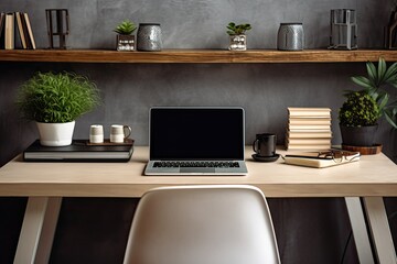 Minimalist creative business desk with a sleek and organized layout, featuring a sleek laptop, a notebook, and a few carefully selected design elements, showcasing simplicity and focus - Generative AI