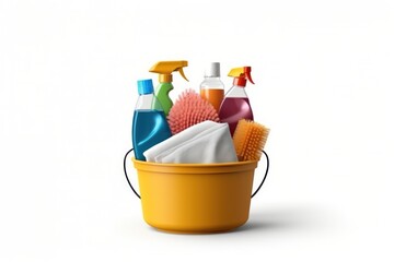  professional bottles of cleaning liquids, sponges in yellow bucket.cleaning supplies, vertical