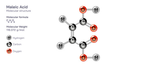 Maleic acid molecular structure formula. Periodic table structural molecular formula Vector design. Pharmaceutical compounds and composition. Easily printable product with correct CPK colour.