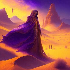 Amidst a mystical desert oasis, a figure draped in a golden cloak stands beneath a sky ablaze with hues of purple and orange. The cloak is adorned with intricate Mayan-inspired symbols, representing a