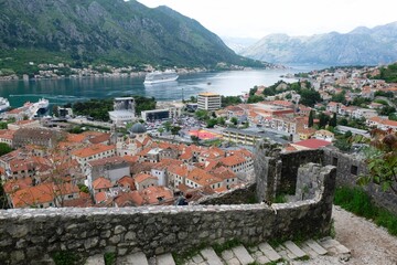 Fototapeta na wymiar Panorama of Kotor from fortress wall, Montenegro. Kotor is a beautiful historic city on the Unesco list.