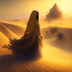Amidst a sprawling desert drenched in the golden light of dawn, a mysterious figure shrouded in a tapestry-like cloak adorned with ancient Egyptian hieroglyphs emerges from the sands