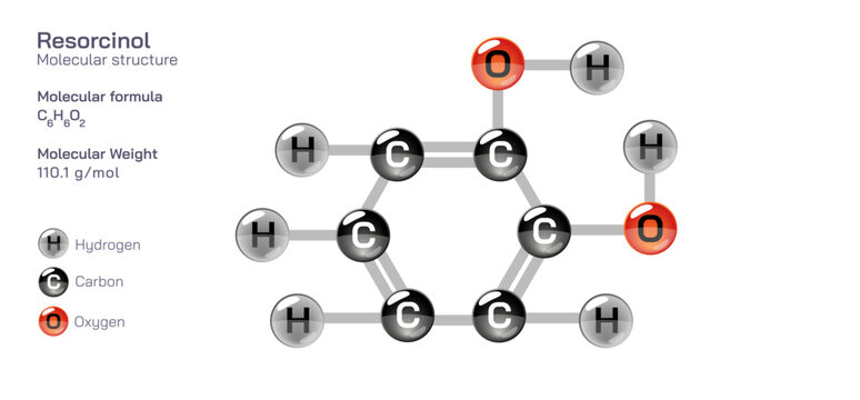 resorcinol molecular structure formula. Periodic table structural molecular formula Vector design. Pharmaceutical compounds and composition. Easily printable product with correct CPK colour.