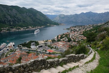 Fototapeta na wymiar Panorama of Kotor from ancient fortress wall, Montenegro. Kotor is a beautiful historic city on the Unesco list.