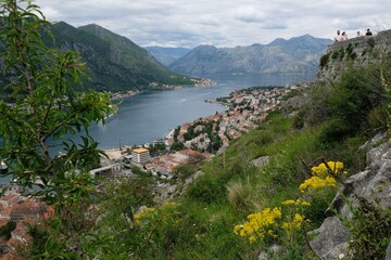 Panorama of Kotor from ancient fortress wall, Montenegro. Kotor is a beautiful historic city on the...