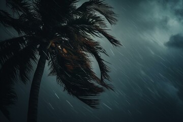 Tropical storm twists palms amidst dark clouds in rainy season. Generative AI