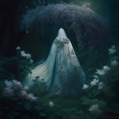 In the midst of a misty forest, a solitary figure with a flowing cloak embroidered with delicate leaf patterns, stands in awe of the vibrant hues of the Aurora Borealis dancing above