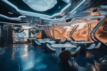 Inside futuristic space-themed restaurant. Generative AI