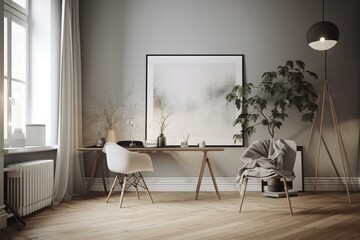 Scandinavian interior with empty poster. Generative AI