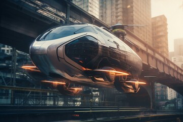 A flying futuristic urban transportation design. Generative AI