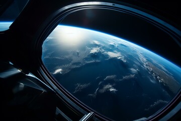 Viewing earth from satellite window in sci-fi exploration. Generative AI