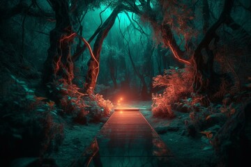 Neon forest with a glowing path. Generative AI