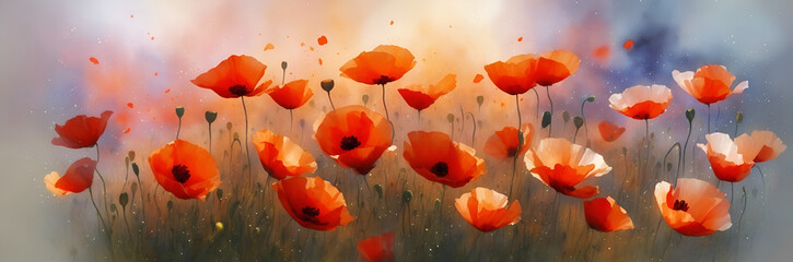 Close-up Poppies flowers on the meadow. AI generated illustration