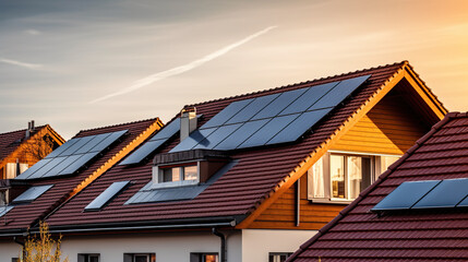 Obraz premium A row of houses with solar panels on the roof. Generative AI.
