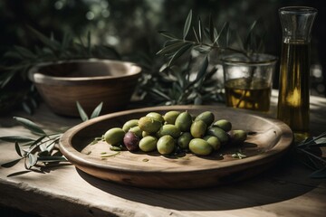 Fresh olives and olive oil on a wooden board, beneath an olive tree. Food background. Generative AI