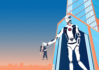 The concept of artificial intelligence as a threat to certain professions. A robot kicking a man out of work. Raster illustration.