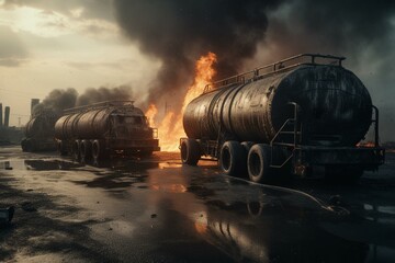 Fototapeta na wymiar Tank trucks carrying nitric acid and car freight with hazardous oil crashed and burned on the highway, causing a technogenic disaster. Generative AI